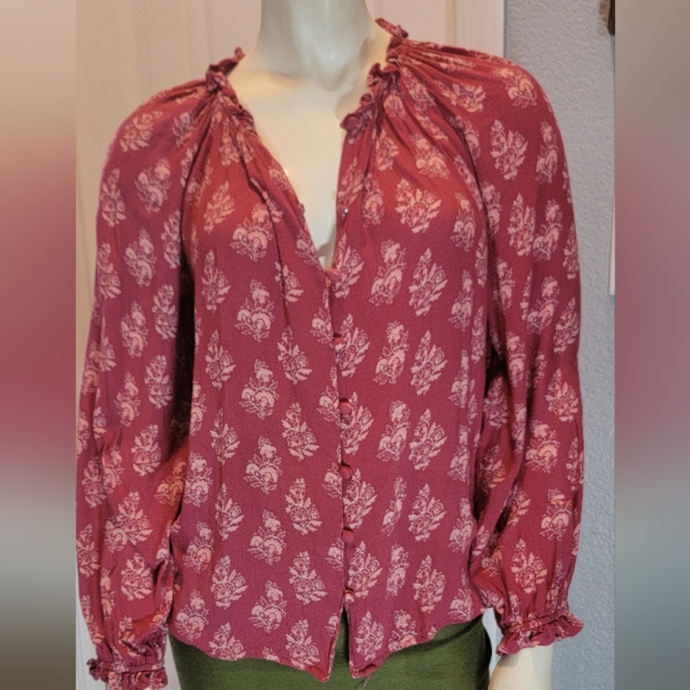 Y2K Lucky brand boho hippie peasant style blouse Cranberry Red‎ Floral Xs